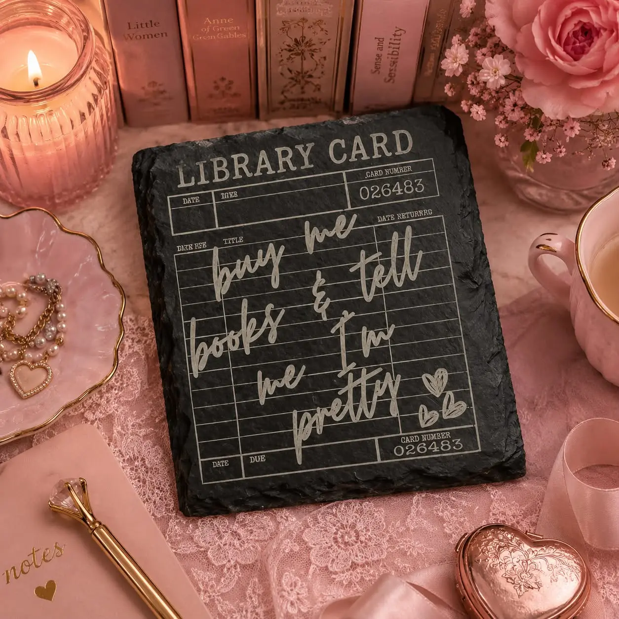 Handmade Square Shape Bookish Slate Library Card Coaster, Tableware for Book Lovers, Ideal for Coffee & Cozy Vibes - "Buy Me Books, Tell Me I'm Pretty" Design