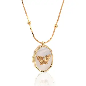Dainty Butterfly Locket Necklace for Women - 18k Gold Plated Shell Charm with CZ, Adjustable Chain Gift for Her