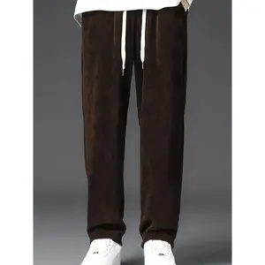 [Loose Fit Polyester Pants] 1pc Men'S Casual Polyester Straight-Leg Pants with Drawstring, Solid Pattern, Loose Fit, Woven Fabric, Stretch, Four Seasons