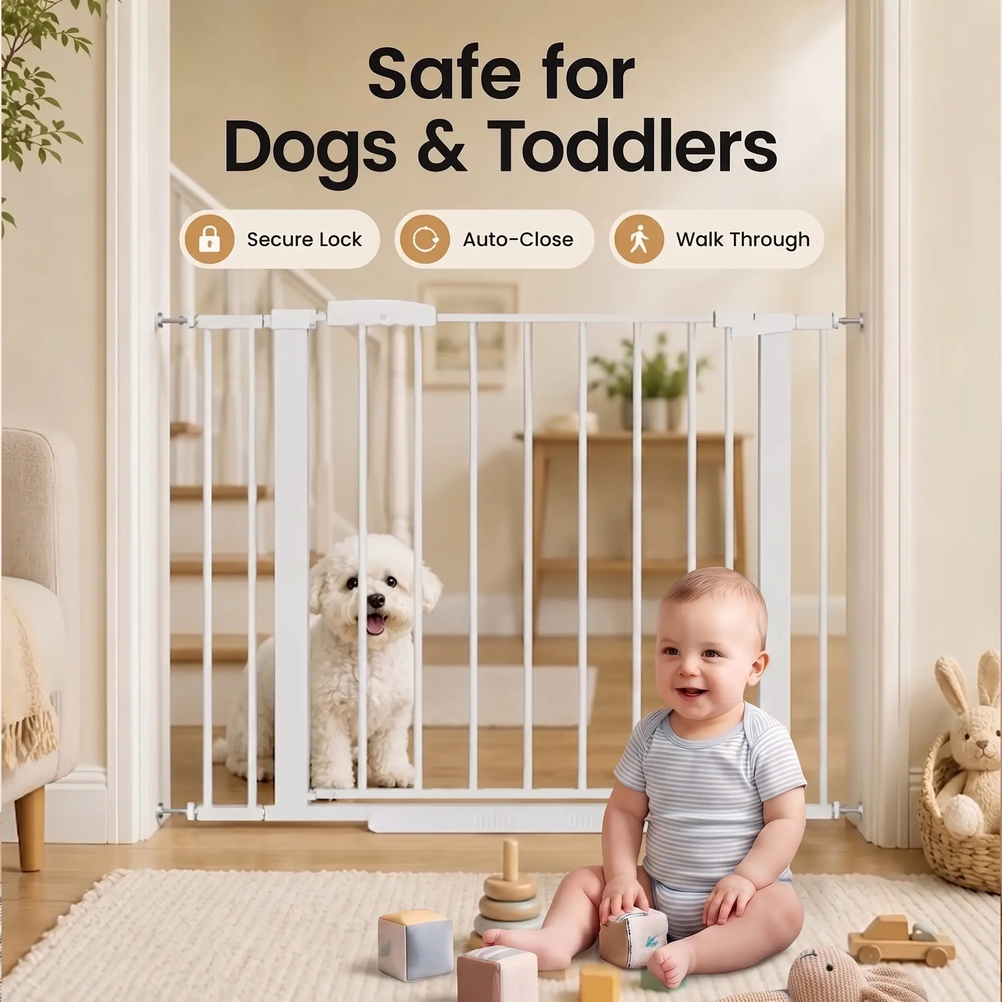 Sweetcrispy S - Baby Gate for Stairs, Auto Close Dog Gate for Doorways White | Toddler Safety Essentials for the House,-Easy Install Pressure/Hardware Mounted Pet Gate for Dogs
