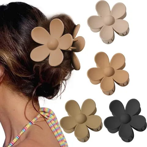 Women's 4-Piece Plastic-Metal Flower Claw Barrettes Hair Clips - Flat, Nonslip, Lightweight, Firm Hold with Barbs, Decorative Updo Hair Accessories for Everyday Use, Birthday, Ceremony