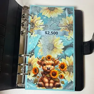 Sunflower Highland Cow A6 Savings Challenge Set | 6 Laminated Cards + Dashboard