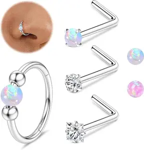 MILACOLATO 4Pcs Nose Ring Set Hypoallergenic Surgical Steel Opal Spetum Ring Sliver L-Shaped Nose Stud Gold 18G Septum Piercing Jewellery Helix Nostril Conch Hoop 10MM