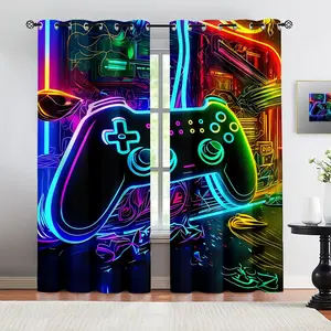 Neon Video Game Controller Curtains, Room Decor Curtain, Vibrant Cyberpunk Design with Electric Colors, Perfect for Gaming Rooms and Modern Spaces, High-Quality Digital Print, 2-Pack, Removable and Machine Washable