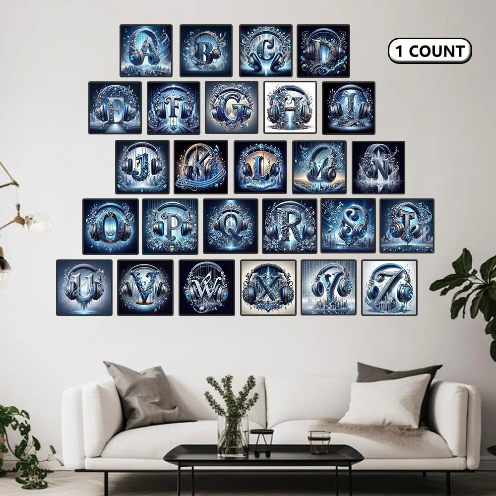 Music Headphone 5D Diy Diamond Painting Without Frame, With Tools Modern Alphabet Pattern Full Round Diamond Mosaic Silver Letter Handmade Bedroom Decor Crafts Art
