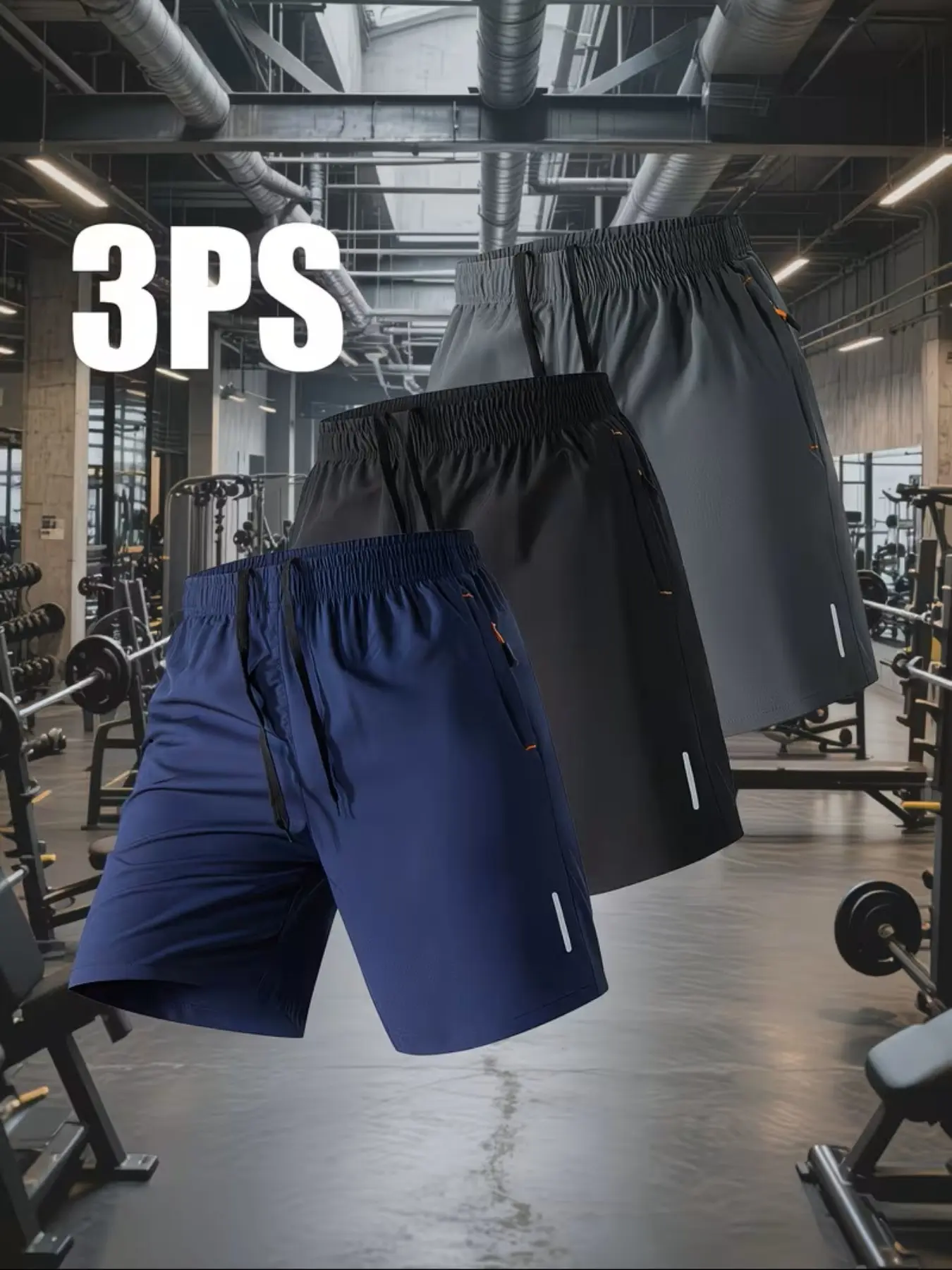 Three-Pack Men's GYM Shorts, Sport Shorts, Drawstring Waist, Quick-Dry Reflective, 7-Inch Inseam with Zip Pockets, For Running and Workout