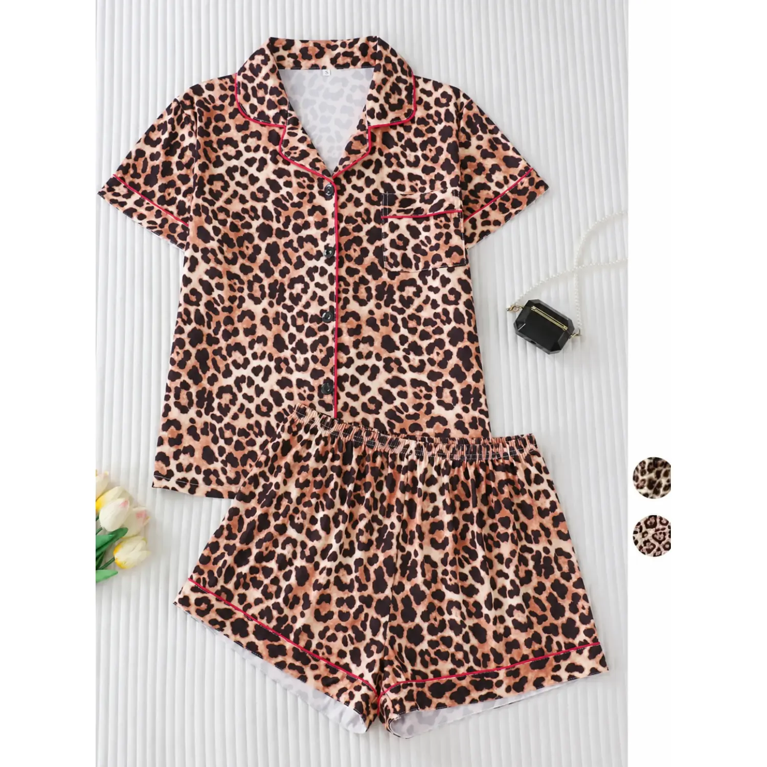 Leopard Print Lapel Neck Pocket Shirt & Elastic Waist Shorts Two-Piece Pajama Set - Casual Comfy Short Sleeve Button-Up Top & Shorts for Women's Summer Sleepwear, Loungewear