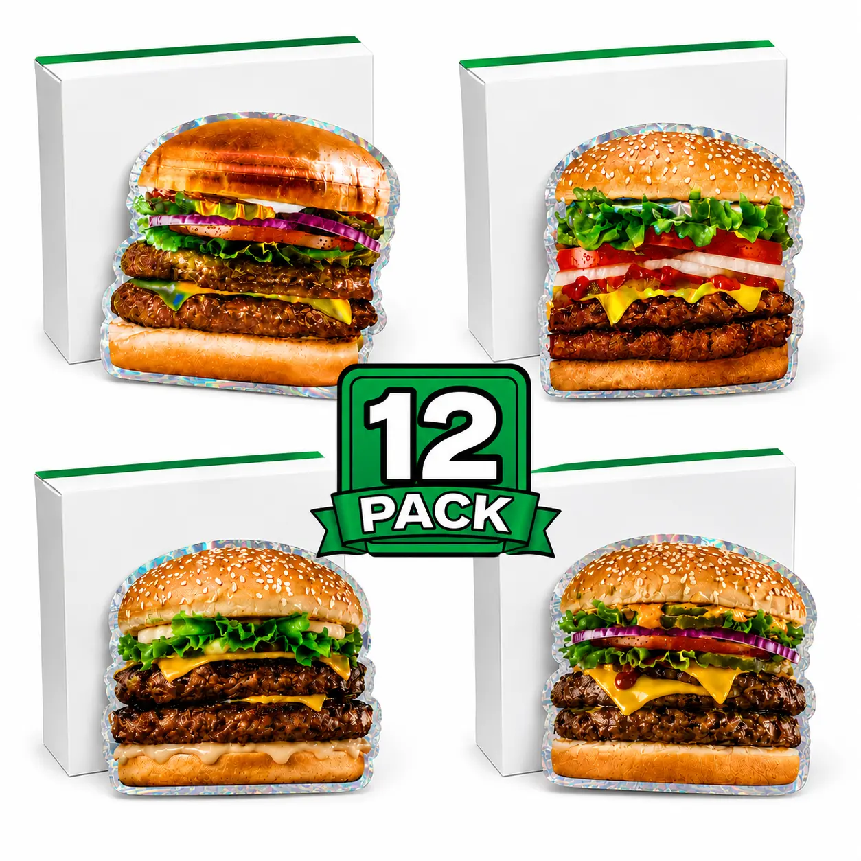 12 Pack Burger Style Zip Seal Storage Pouches with Matching Boxes – Choose Your Design