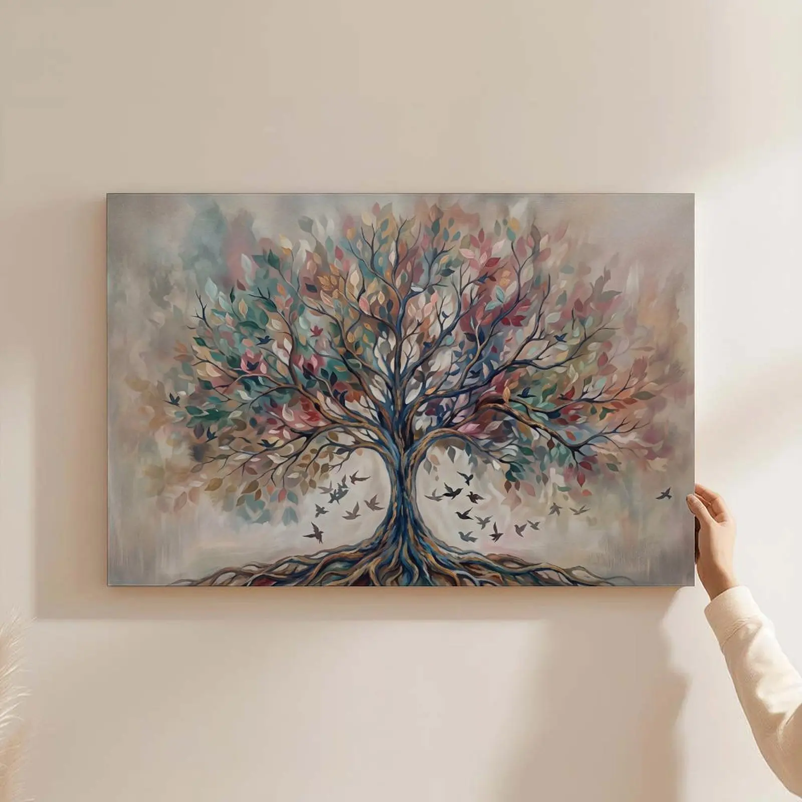Contemporary Wall Art Tree of Life Canvas Print Colorful Birds Family Wall Art Boho Nature Growth Wall Decor Poster