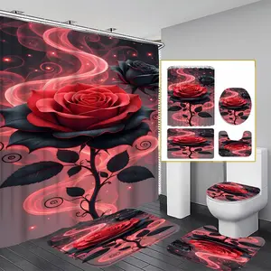 Romantic Rose Crystal Print Bathroom Set, Waterproof Shower Curtain with Toilet Mat, Modern Home Decor Gift, Includes 12 Hooks, Shower Curtain Sets