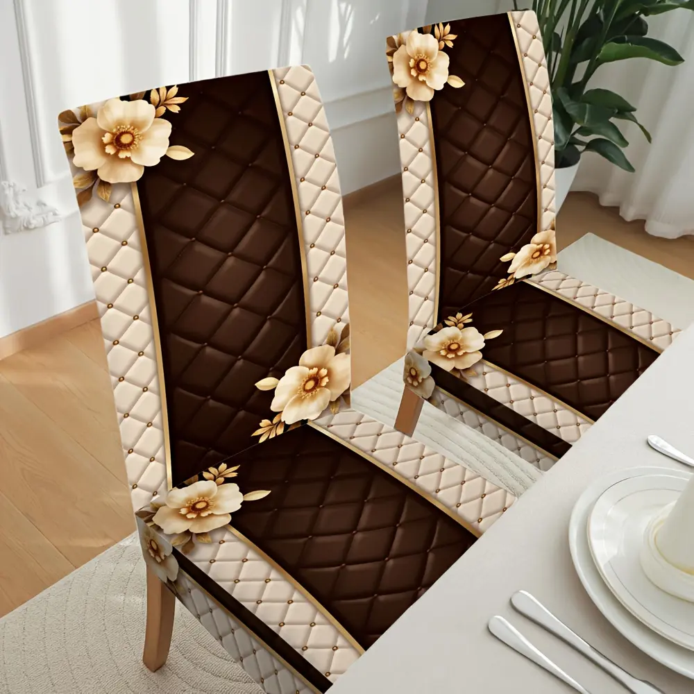 Dining Chair Slipcovers Set - 4/6pcs Elastic Geometric Floral Print Polyester Blend, Adjustable Stretch Stain-Resistant All-Seasons Brown Household Dining Chair Protectors