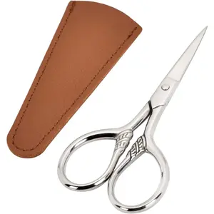 Small Personal Grooming Scissors, Vintage Style Stainless Steel Trimmer with Straight Tip for Eyebrows, Beard, Moustache & Unwanted Facial Hair, with PU Case