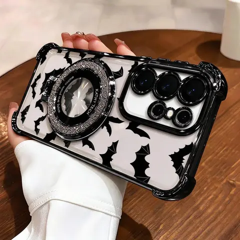 Spooky Halloween Bat Stand Case Cover, for Samsung Galaxy S26,S25,S24,S23,S22,S21,Note20 & iPhone 18 Pro Max 17 Air,16 Plus,15,14,13,12,11 ,Transparent Soft Silicone Cover.4-Corner Drop Protection, Non-Yellowing Shockproof, Gift for Her,Durable Cove.985