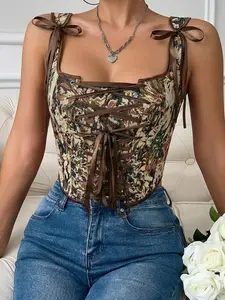 Printed Corset Style Shapewear Tank Top, Cross Strap Design, Perfect for & Outerwear, Vintage Embroidered Waistcoat, Strappy Bodysuit
