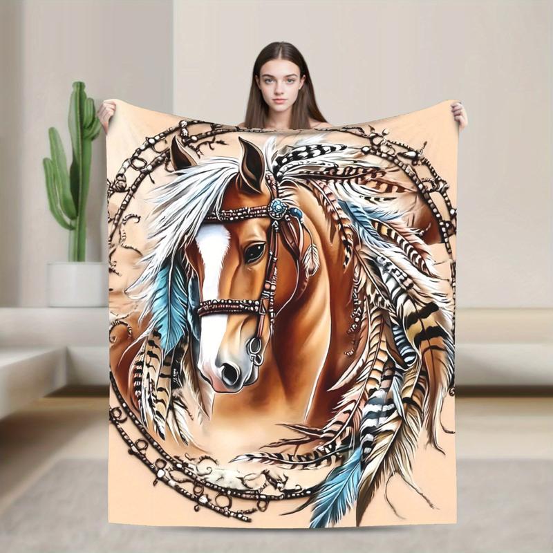 1pc Indian Style Horse Painting Throw Blanket - Soft Flannel, Warm & Durable, Machine Washable, Black with Vibrant Horse & Feather Design, Perfect for Camping, Picnics, Beach, and Outdoor Activities, 100% Polyester, All-Season Use, Outdoor Comfort |