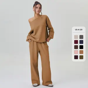 Women's Leisure Solid Color Sloping Shoulder Long Sleeve Top & Wide Leg Trousers Co-ord Set & Separates, Cozy Scoop Neck Loose Outfits, Basic Womenswear (CN2)
