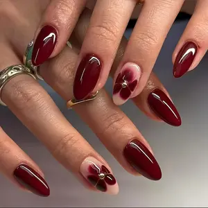24pcs Short Press-On Nails - Water Droplet Shape with Wine Red & Golden Bead Floral Design, Glossy Finish, Easy Application Daily Wear & Occasions, Includes Tools