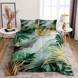 Marble Texture Bedding Set,Green Tropical Leaves Comforter Set,Women Girls Bedroom Decor,Jungle Palm Leaves Quilt Set,Botanical Plants Duvet
