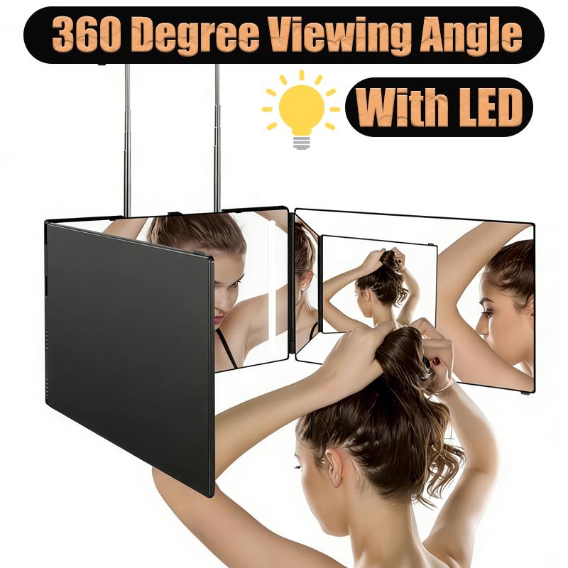 3 Way Mirror for Self Hair Cutting 360 Trifold Barber Mirrors 3 Sided Makeup Mirror to See Back of Head Used for Hair Coloring Braiding Gifts for Men and Women LED Light, Rechargeable, Perfect Valentine's Day Gift