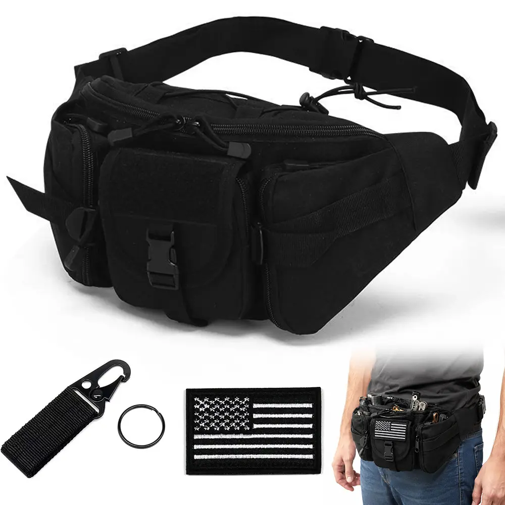 Tactical Fanny Pack for Men Women Waist Bag Hip Belt Outdoor Hiking Fishing Bumbag with Patch (Black) | Adjustable Bum Bag for Cycling Concerts & Everyday Carry