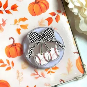 Cute Baseball Cherries Coquette Magnetic Phone Grip Checkered Bow Magsafe Kickstand, Game Day Sporty Aesthetic Gift For Women