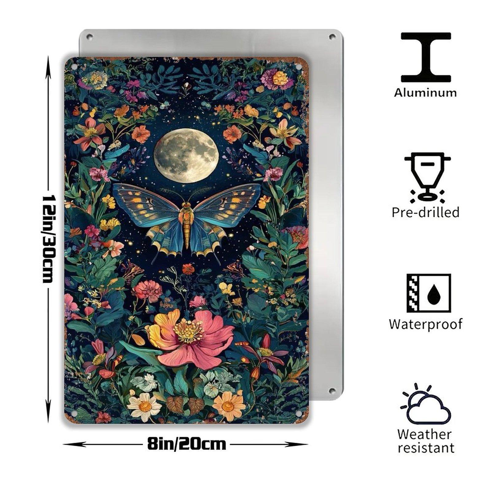 Moon Butterfly Floral Night Sky Metal Wall Art - 8x12 Inch Retro Aluminum Wall Decor for Bedroom, Living Room, Office - Boho Vintage Gift for Nature & Butterfly Lovers