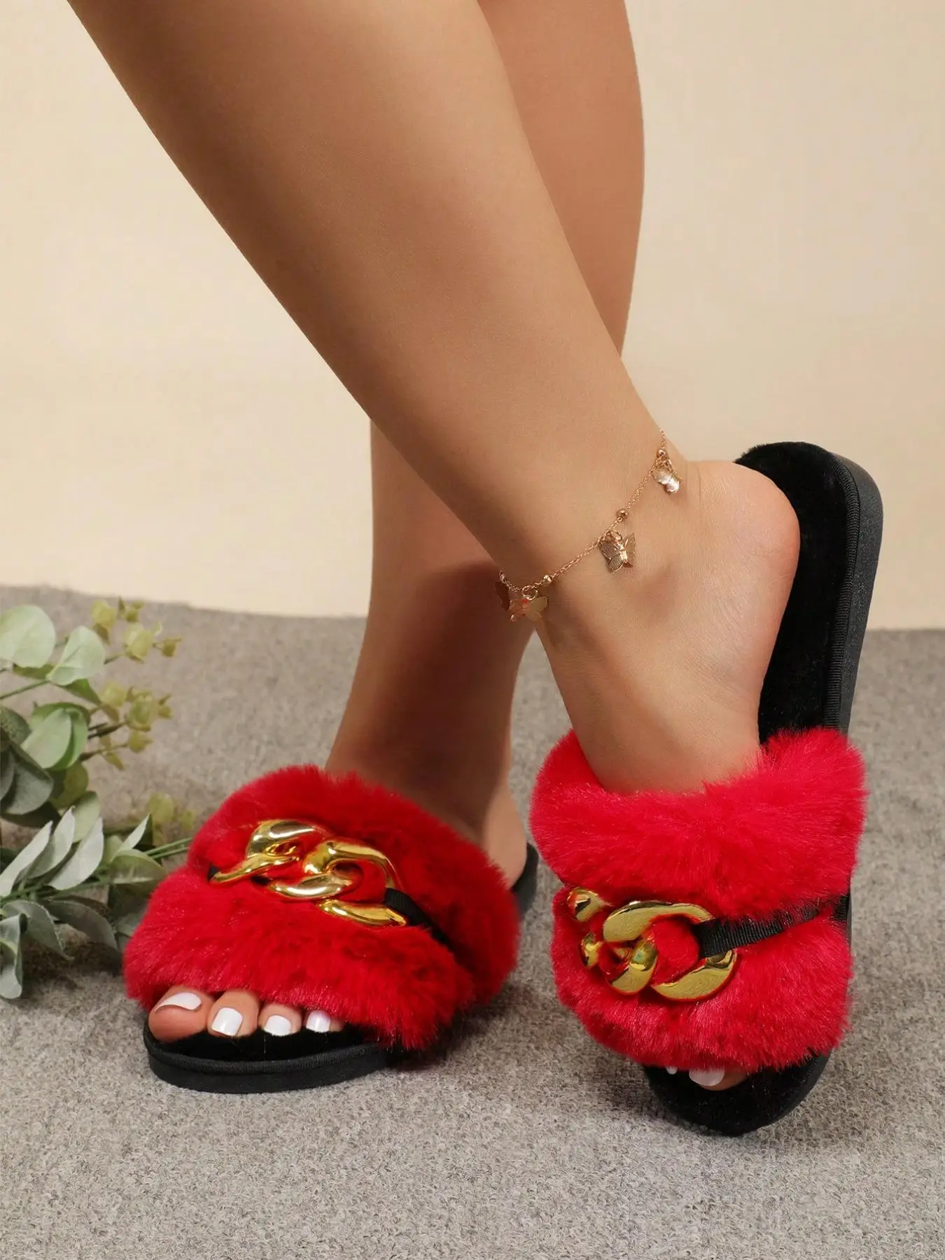 Women's Minimalist Fluffy Chain Decor Slide Slippers, Footwear, Girls Slide Shoes, Casual Soft Fuzzy Home Slippers, Anti-slip Indoor Bedroom Slippers