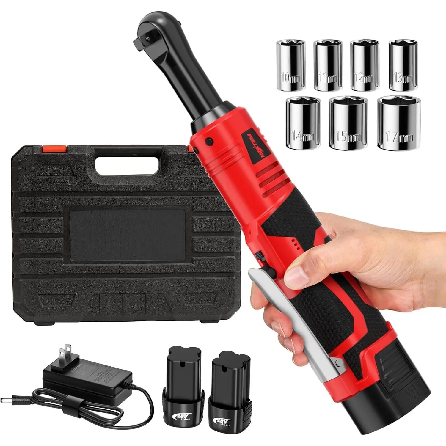 Electric Ratchet Wrench Set, 550 RPM Cordless Ratchet Wrench, 3/8" 18V Power Ratchet Tools with Variable Speed, LED Light, 7 Sockets, 2 Packs 2.0Ah Lithium-  and  Charger