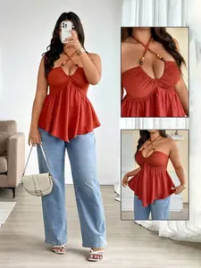 HANNA x Elenzga Plus Size Bohemian-Style Summer Casual Caramel Colored Unique Asymmetrical Design Colorful Perforated Wooden Bead Decor Cross Tie Sexy Elegant Blouse For Women