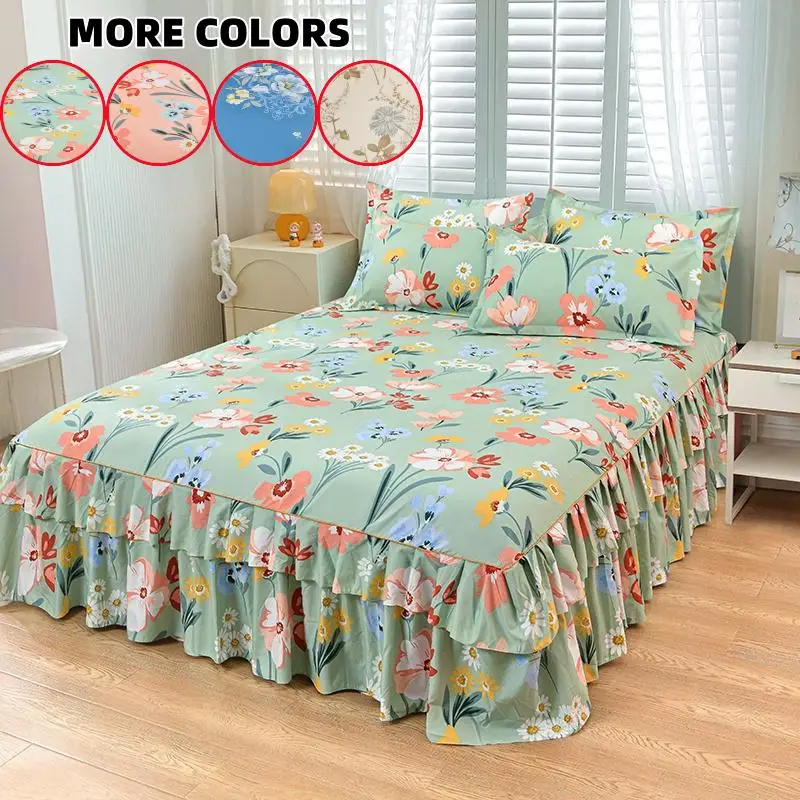 Floral Print Ruffled Edge Bed Skirt Set, 2/3 Counts Including 1 Count Bed Skirt & 1/2 Counts Pillowcase without Filler, Soft Comfortable Breathable Be
