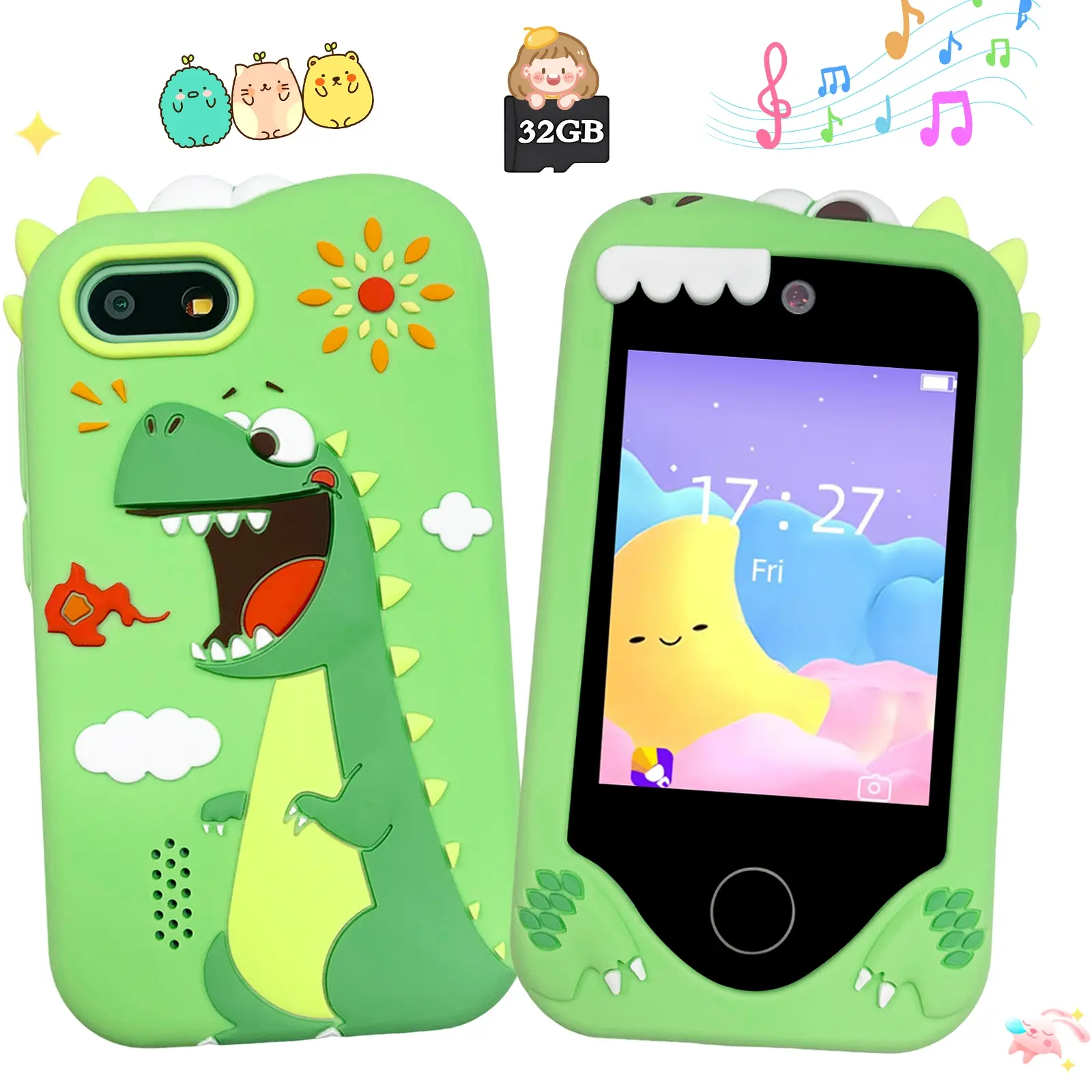 Holiday Gifts for Boys Girls Aged 3-12, Digital, 2.8" Touch Screen Children's Smart Learning Toy Mobile Phone, Anti-Fall Silicone Cover Protector with Dinosaur Pattern, 1080P & Dual Cameras, Portable Travel Record Set (32GB Card)