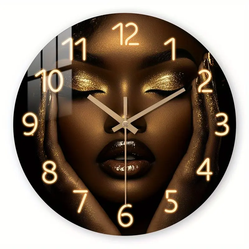 1 elegant female face design wall clock - gold glitter hands and eyes, silent and non-ticking, modern decoration for beauty salon or living room - perfect birthday/anniversary gift for women - powered by AA batteries (batteries not included) - luxurious h