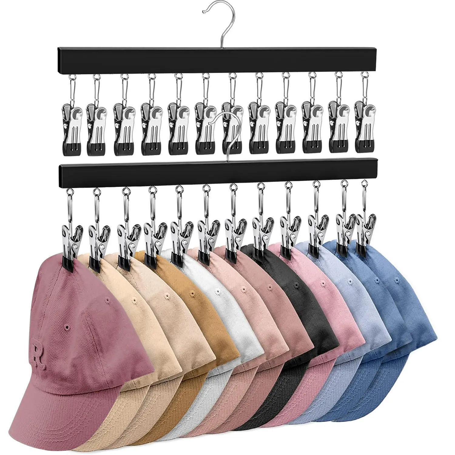 2 Pack Wooden Hat Organizer with 12 Stainless Steel Clips Holds Baseball Basketball Golf Caps Jeans & Yoga Pants Fits All Cap Sizes Black hanger