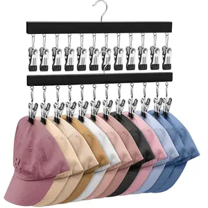 1/2 Pack Wooden Hat Organizer with 12 Stainless Steel Clips Holds Baseball Basketball Golf Caps Jeans & Yoga Pants Fits All Cap Sizes Black hanger