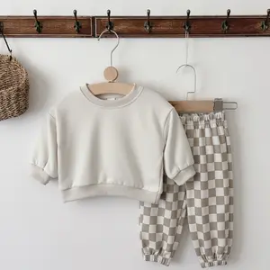 Spring/Autumn Basic Baby & Toddler Set – Apricot Sweatshirt + Plaid Design Loose Fit Joggers, Two-Piece Outfit
