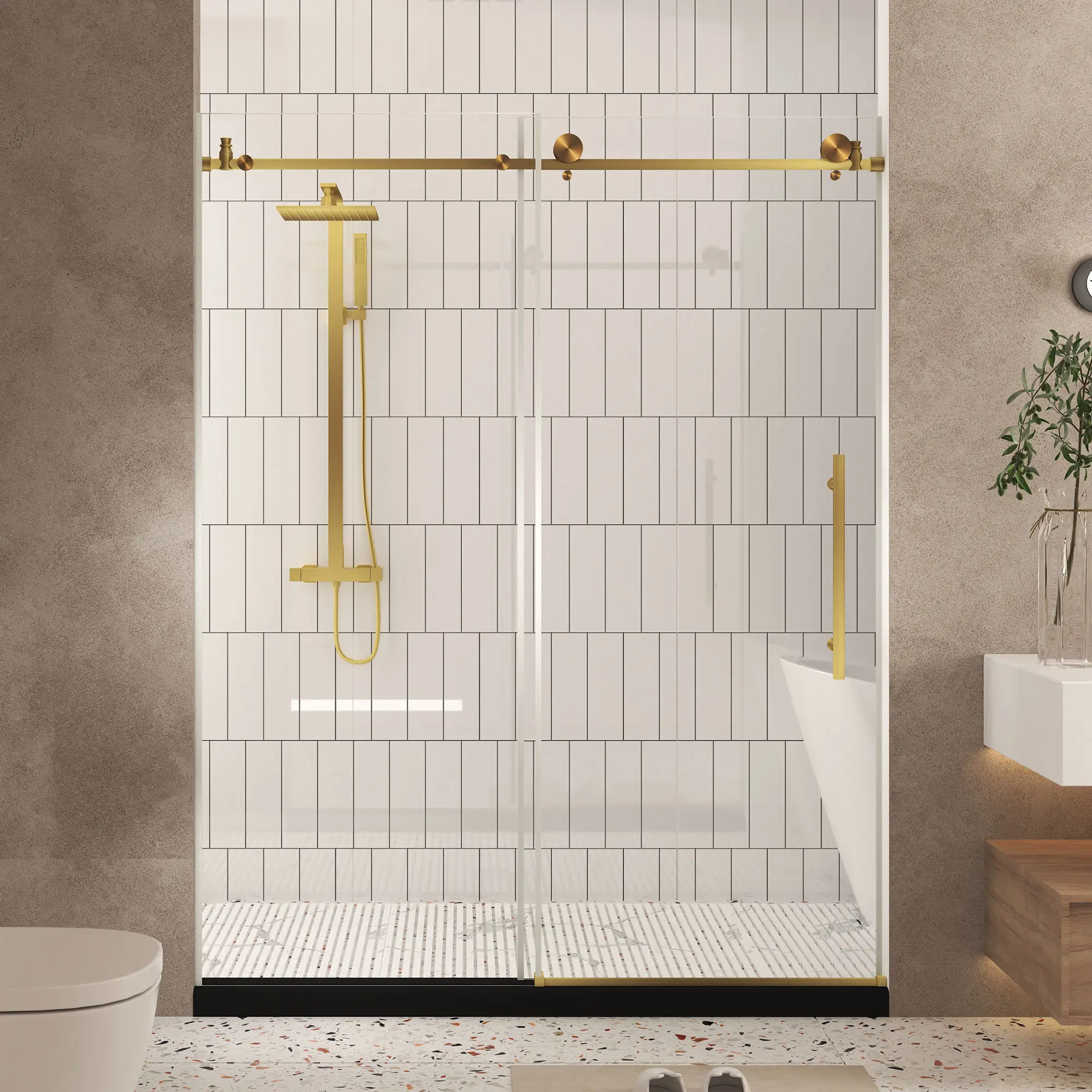 Modern Chrome Frameless Sliding Transparent Shower Door - 56-60" W x 76" H Adjustable Width Enclosure, 1/4" (6mm) Tempered Glass with Anti-Shatter Film, Stainless Steel Handle, Water Block, Elevated Bottom Strip, Easy Installation, Explosion Proof