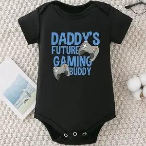 Daddy's Future Gaming Buddy Baby Onesie - Soft Cotton Casual Round Neck with Game Controller Graphic Print, Black with Blue Lettering, Summer Apparel