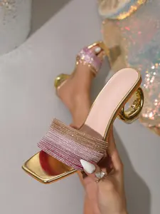 Gold Gradient Rhinestone High Heel Sandals, Elegant Sandal, Square Toe Metal Asymmetrical Heel, Sweet Style Party Slippers, PU Material