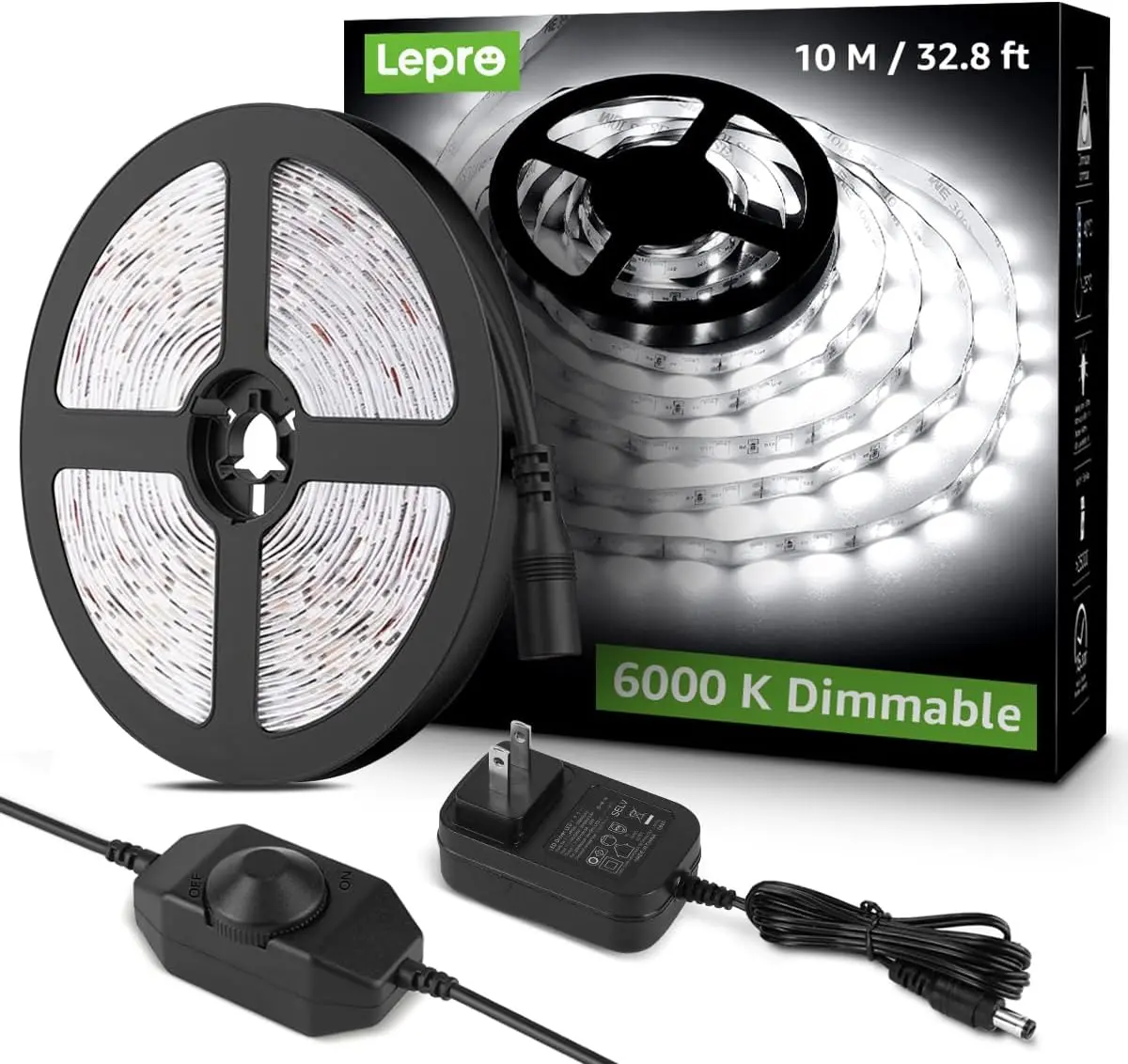 LEPRO LED Strip Light, 32.8Ft Dimmable Vanity LED Tape Lights, 6000K Super Bright LEDs, 420 SMD 2835 LEDs, Strong 3M Adhesive, Suitable for Home, Kitchen, Under Cabinet