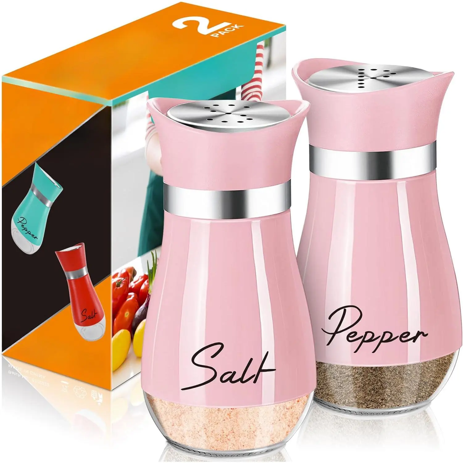Salt and Pepper Shakers Set,4 oz Glass Bottom Salt Pepper Shaker with Stainless Steel Lid for Kitchen Cooking Table, RV, Camp,BBQ Refillable Design (Pink)