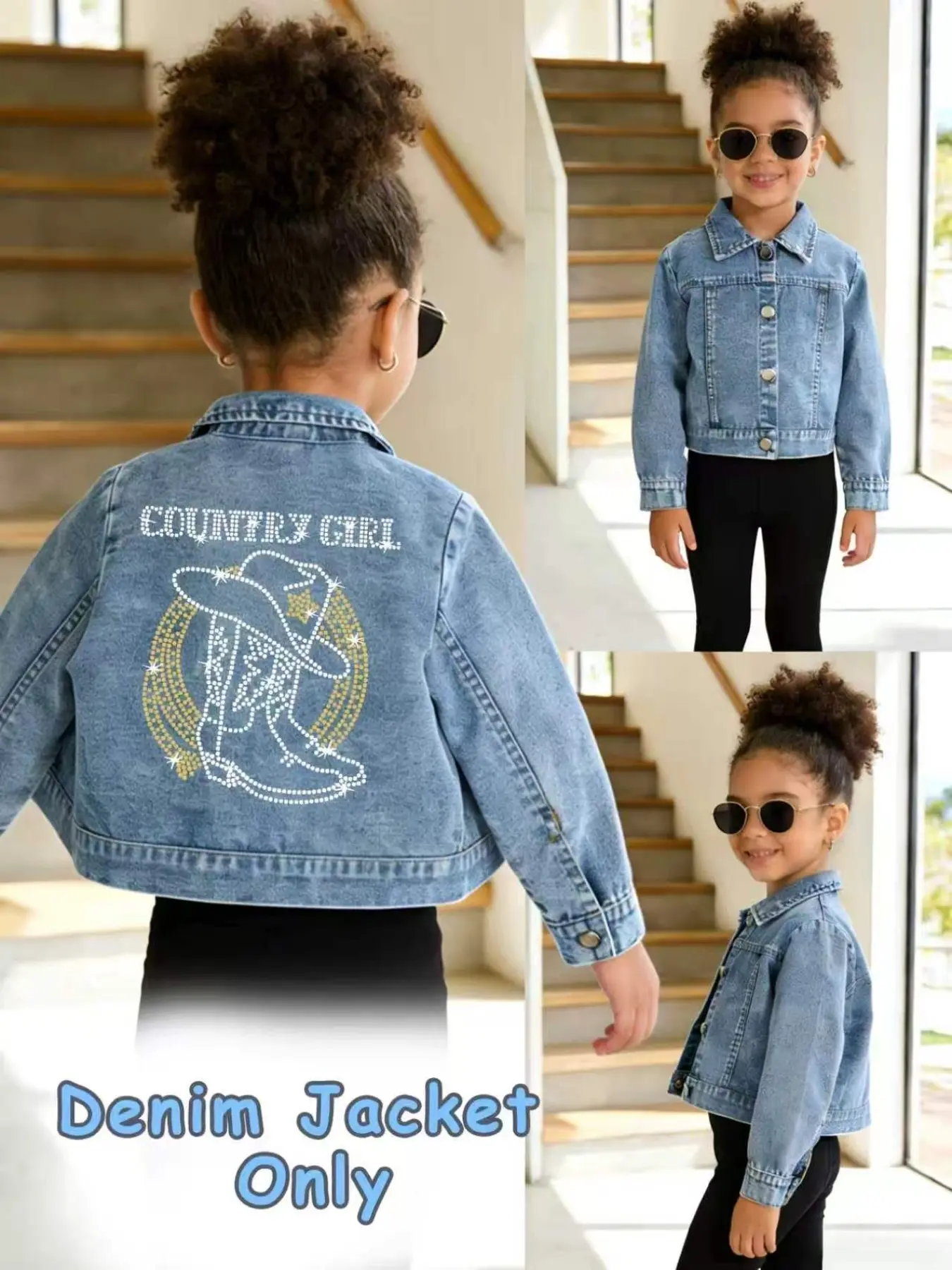 Girls' Denim Jacket Spring Fall, Western Cowboy Boots Pattern, Heart Star Prints, Casual Loose-Fit Outerwear for All Seasons, Casual Cute Outerwear