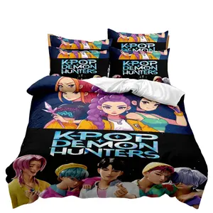 3-Piece Set with Black Base Demon Hunter Female Group Pattern, 100% Breathable Polyester Bedding, Zippered Closure, Machine Washable, Digital, Home Gift Suitable for Bedroom Dormitory Decoration for All Seasons (1 Duvet Cover + 2 Pillowcases, No Filling I