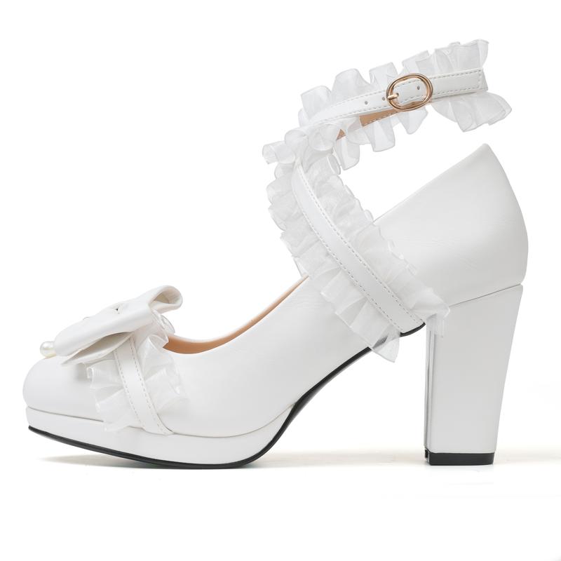 Womens Platform Mary Jane Pumps Round Toe Chunky Block Heels Ruffle Lace Cross Adjustable Ankle Buckle Strap Pearl Bow Knot Gifts for Women Party Cosplay Cute Valentine Lolita Shoes