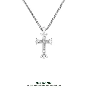ICEGANG Titanium Steel Full Diamond Retro Cross Pendant Necklace Double-Sided Wear Non-Fading Unisex Hip Hop