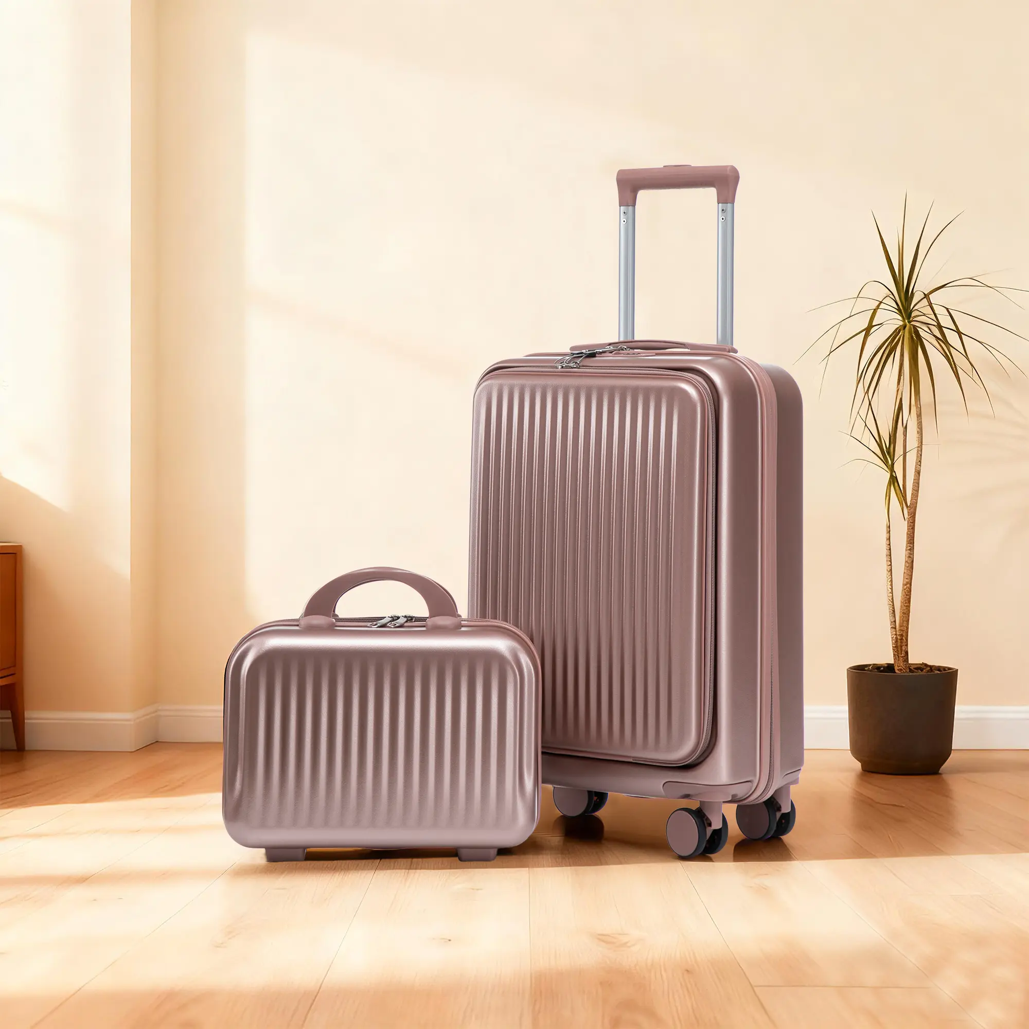 20-Inch Airline Approved Carry On Luggage (22x14x9) - Striped Metallic Synthetic Hard-Shell Rolling Suitcase, Retractable Handle, Durable Rich Man Gold Small Luggage with Cosmetic Case for Road Trips, 20" Hardshell Carry-On