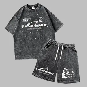 Wash-worn cotton men’s summer streetwear set with unique graphic prints; casual commuting two-piece outfit featuring a crew-neck short-sleeve T-shirt and shorts. Retro 2000s style—ideal for running, golf, fishing, basketball, camping, gym, swimming, and t