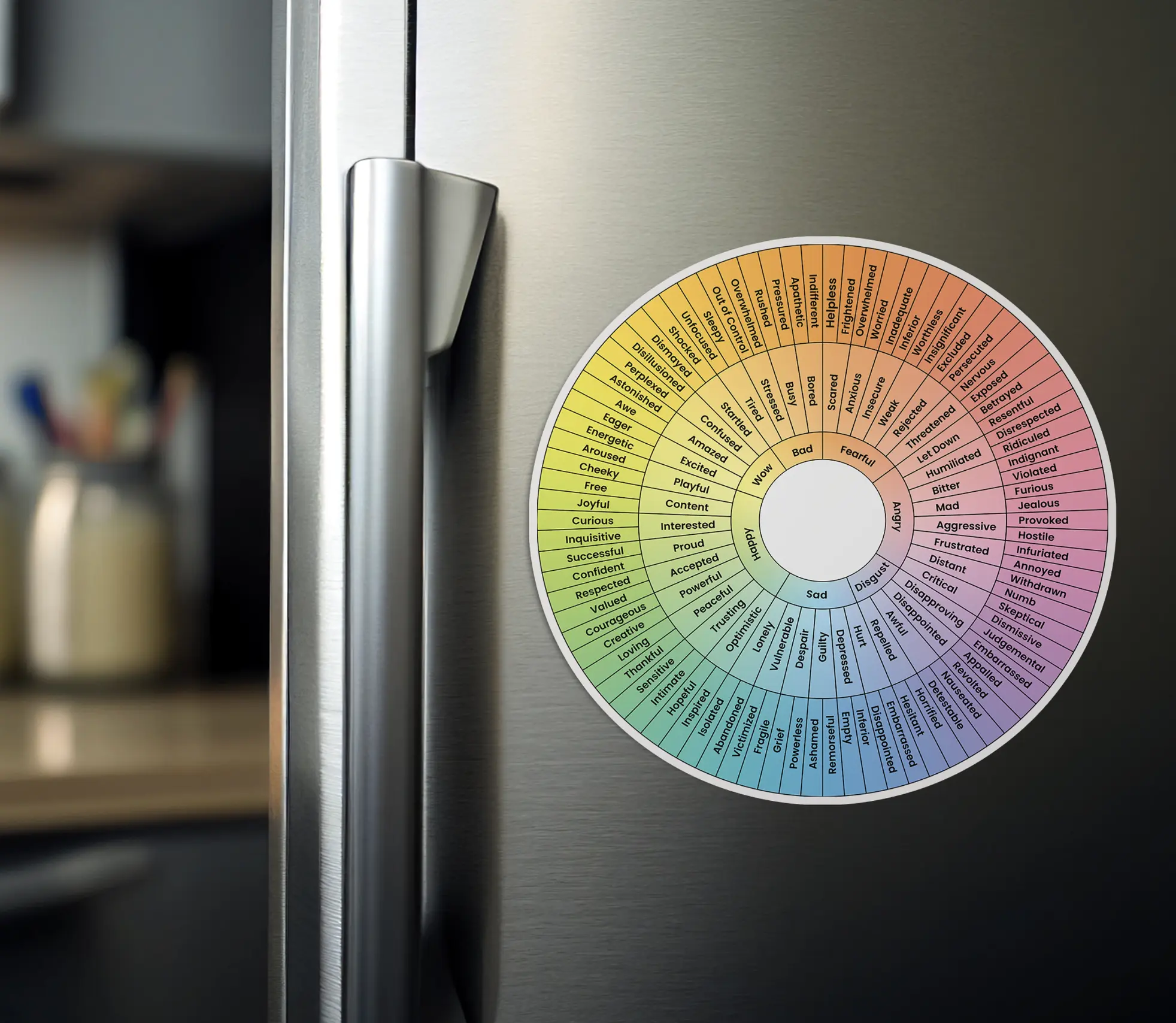 Feelings Wheel Fridge Magnet, Emotional Awareness, Wheel of Emotions, Gift for Therapist, School Counselor Office Decor - 5inch Round