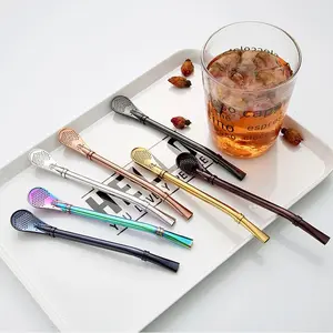 sliver 2in1 Stainless Steel Drinking Straw Spoon Tea Filter Yerba Mate Tea Straws Bombilla Gourd Reusable Tea Tools Bar Accessories