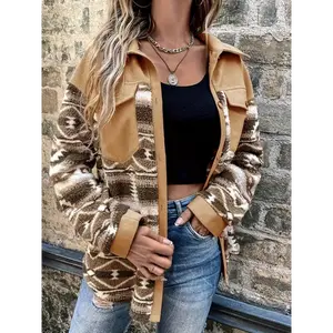 Aztec Pattern Teddy Jacket Women's Casual Button Front Long Sleeve Outerwear Knitwear with Pockets