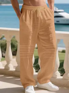 Men's Pure Color Linen Casual Pants, Loose Drawstring Waist Pleated Design, Lightweight Breathable Summer Beach Home Wear